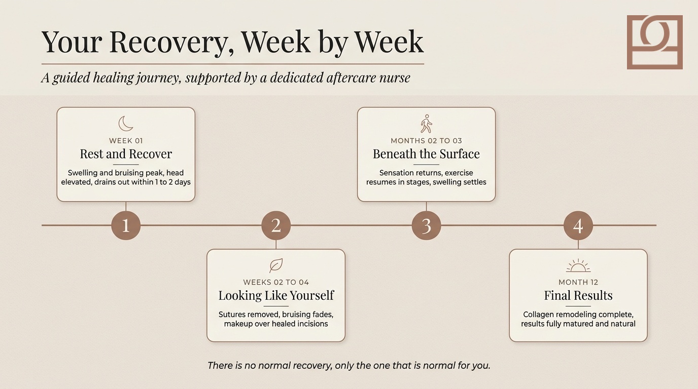 Facelift recovery: week by week Facelift recovery timeline week by week, from peak swelling in week one through sensory nerve recovery at months two and three.