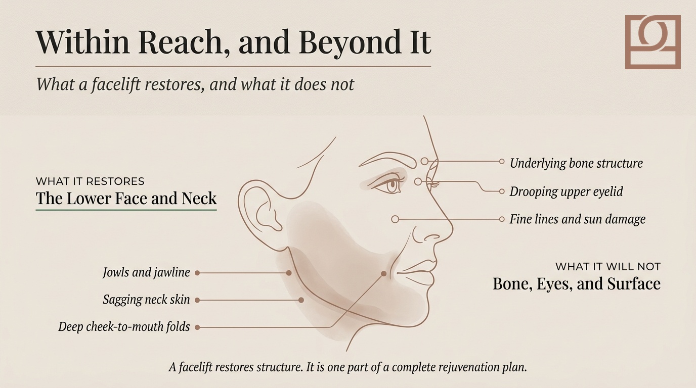 Facelift: what it addresses and what it does not What a facelift addresses: jowls, deep nasolabial folds, loose neck skin, and jawline definition, and what stays out of reach.