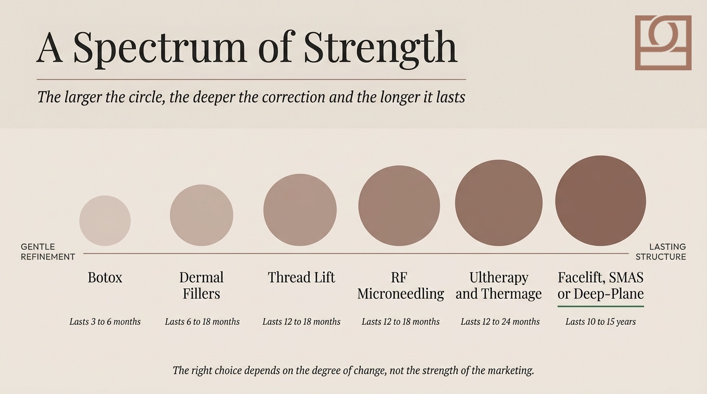 Facial rejuvenation: the spectrum of strength Facial rejuvenation spectrum of strength, from gentle Botox and fillers at one end to surgical facelift at the structural end.