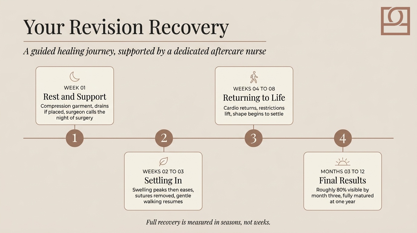 Your Revision Recovery, Week by Week Week-by-week breast revision recovery timeline infographic covering week one, weeks two to three, weeks four to eight, and months three to twelve