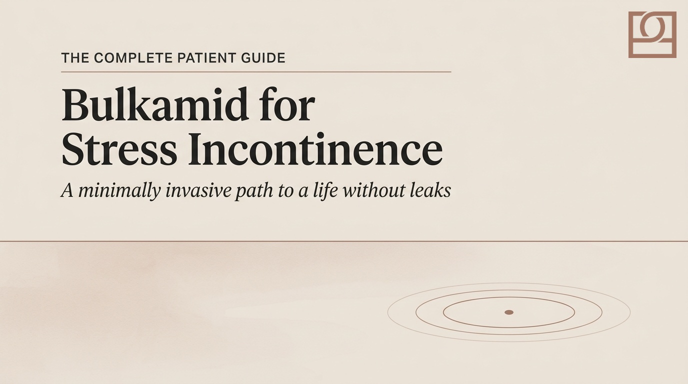 Bulkamid for Stress Incontinence: The Complete Patient Guide Editorial cover graphic titled Bulkamid for Stress Incontinence, The Complete Patient Guide, with a calm horizon line and a single ripple motif