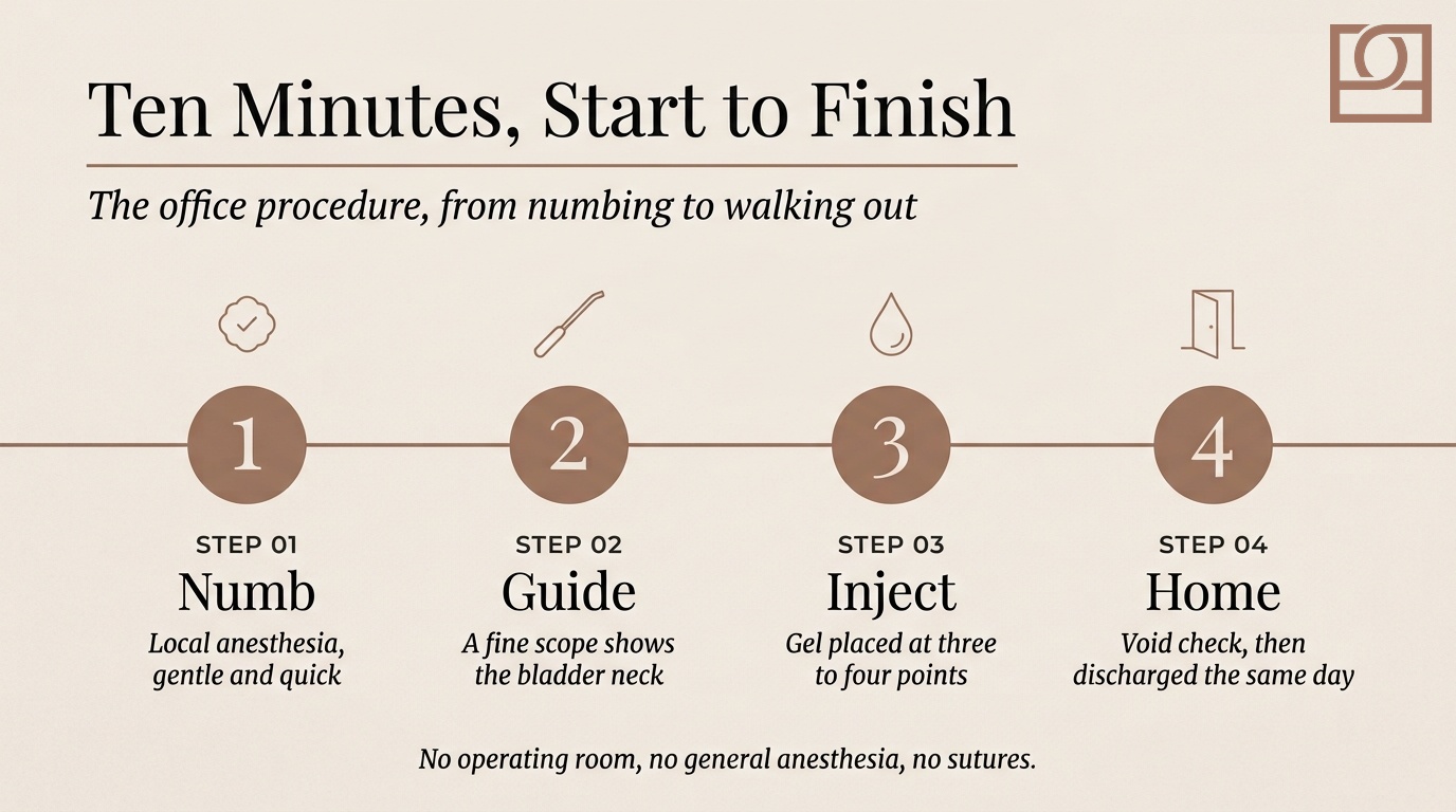 Ten Minutes, Start to Finish Four-step Bulkamid office procedure: local anesthesia, a fine scope to view the bladder neck, gel injected at three to four points, and same-day discharge