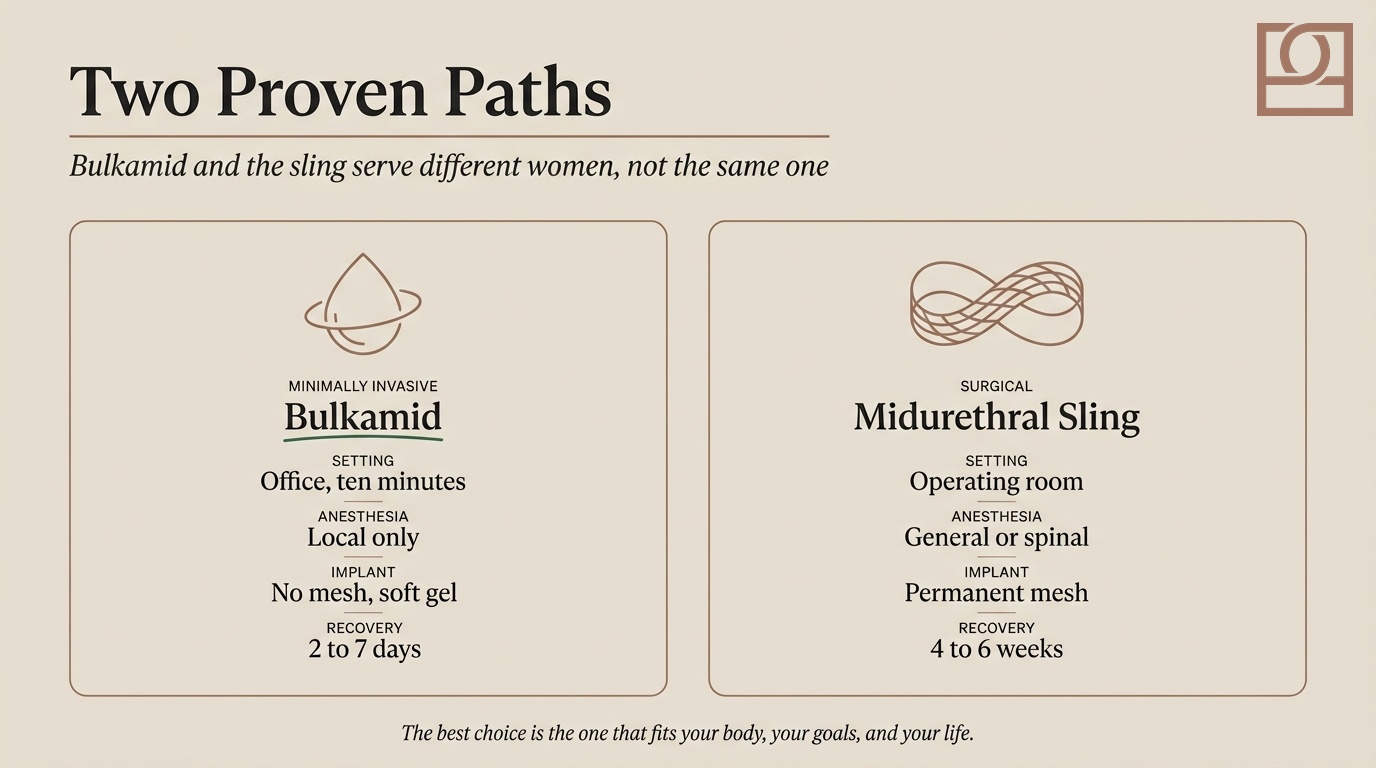 Bulkamid vs. Midurethral Sling Comparison of Bulkamid and midurethral sling surgery: office setting versus operating room, local versus general or spinal anesthesia, no mesh versus permanent mesh, and 2 to 7 days versus 4 to 6 weeks of recovery