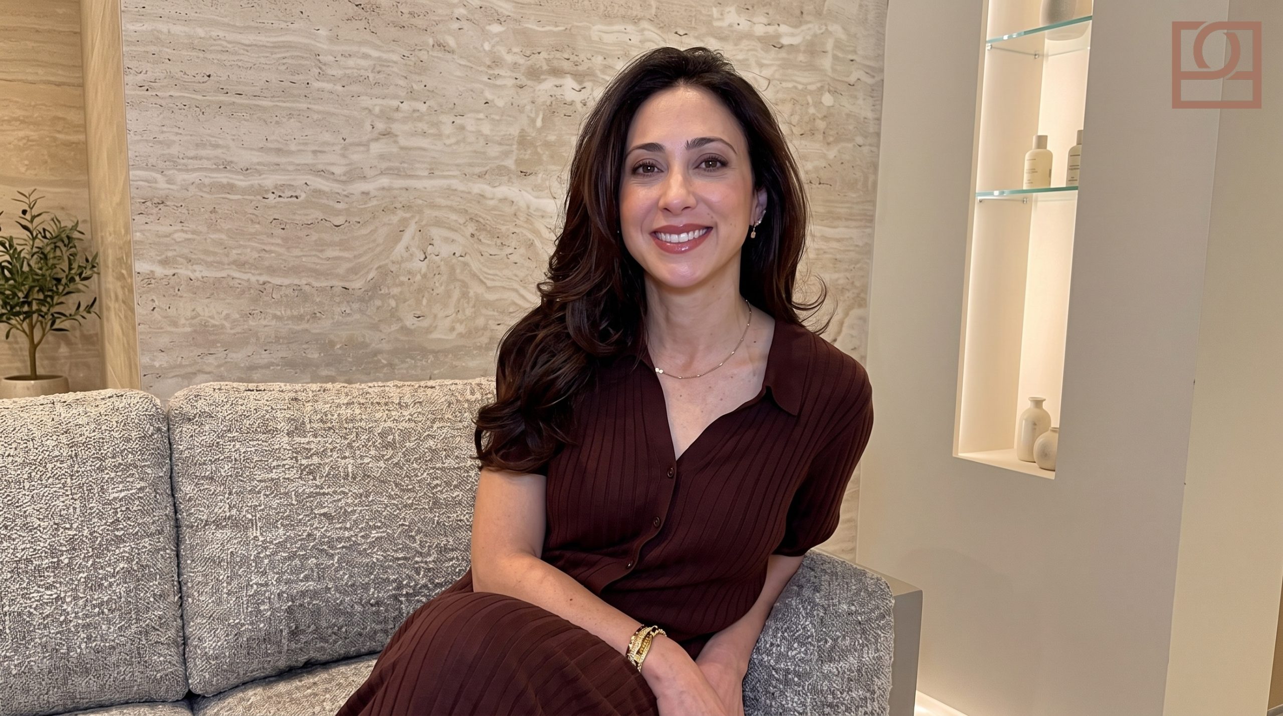 Dr Rebecca Lane at The Practice Dr Rebecca Lane seated in The Practice Beverly Hills patient lounge