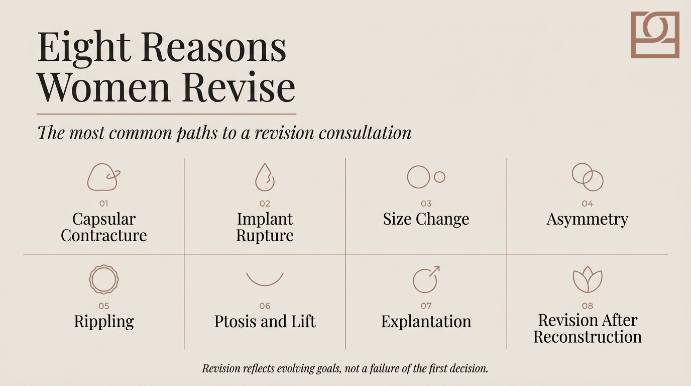Eight Reasons Women Choose Revision Infographic grid of the eight most common reasons women choose breast revision surgery, including capsular contracture, implant rupture, size change, and asymmetry