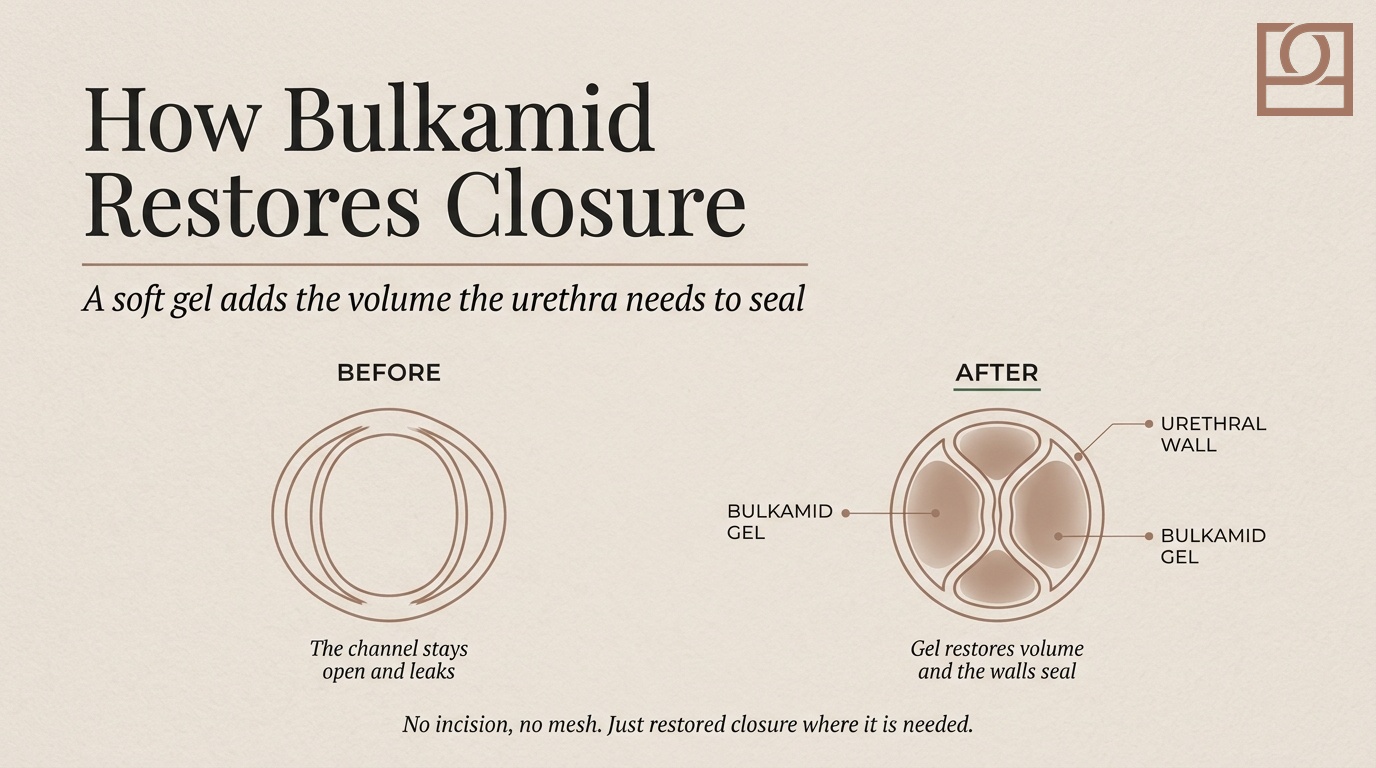 How Bulkamid Restores Closure Before and after diagram of the urethra: an open channel that leaks, then Bulkamid gel adding volume so the urethral walls seal together