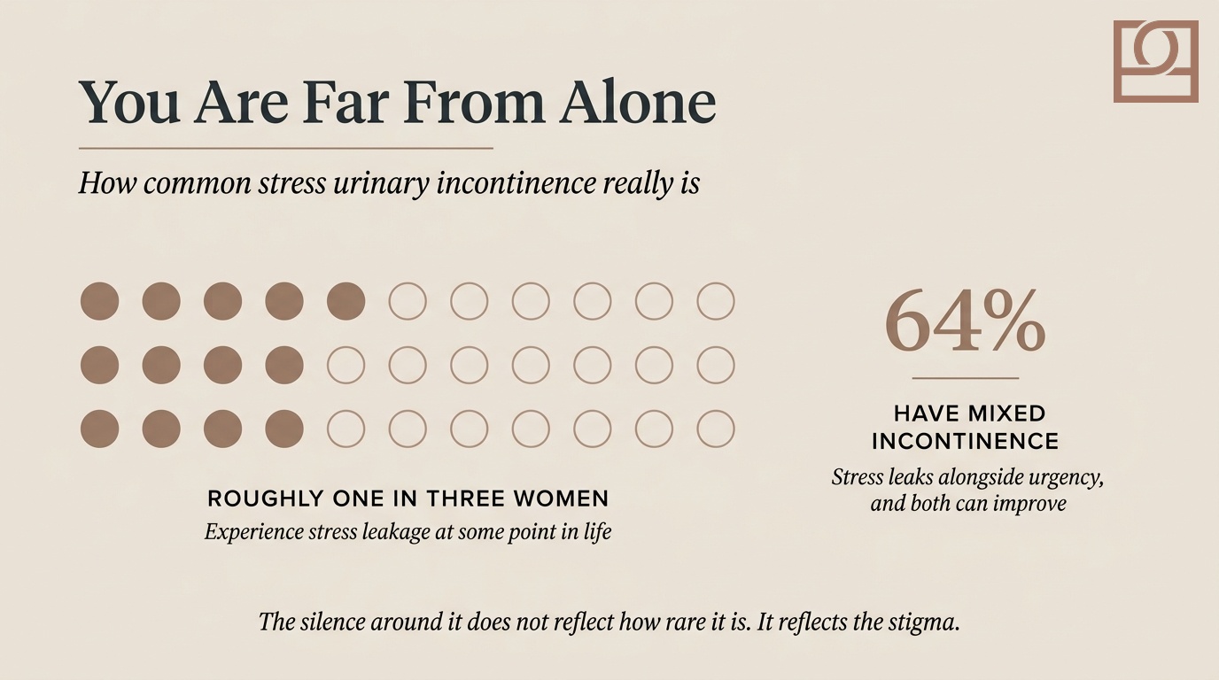 You Are Far From Alone Infographic showing that roughly one in three women experience stress urinary incontinence, and that 64% of women in a large Bulkamid study had mixed incontinence