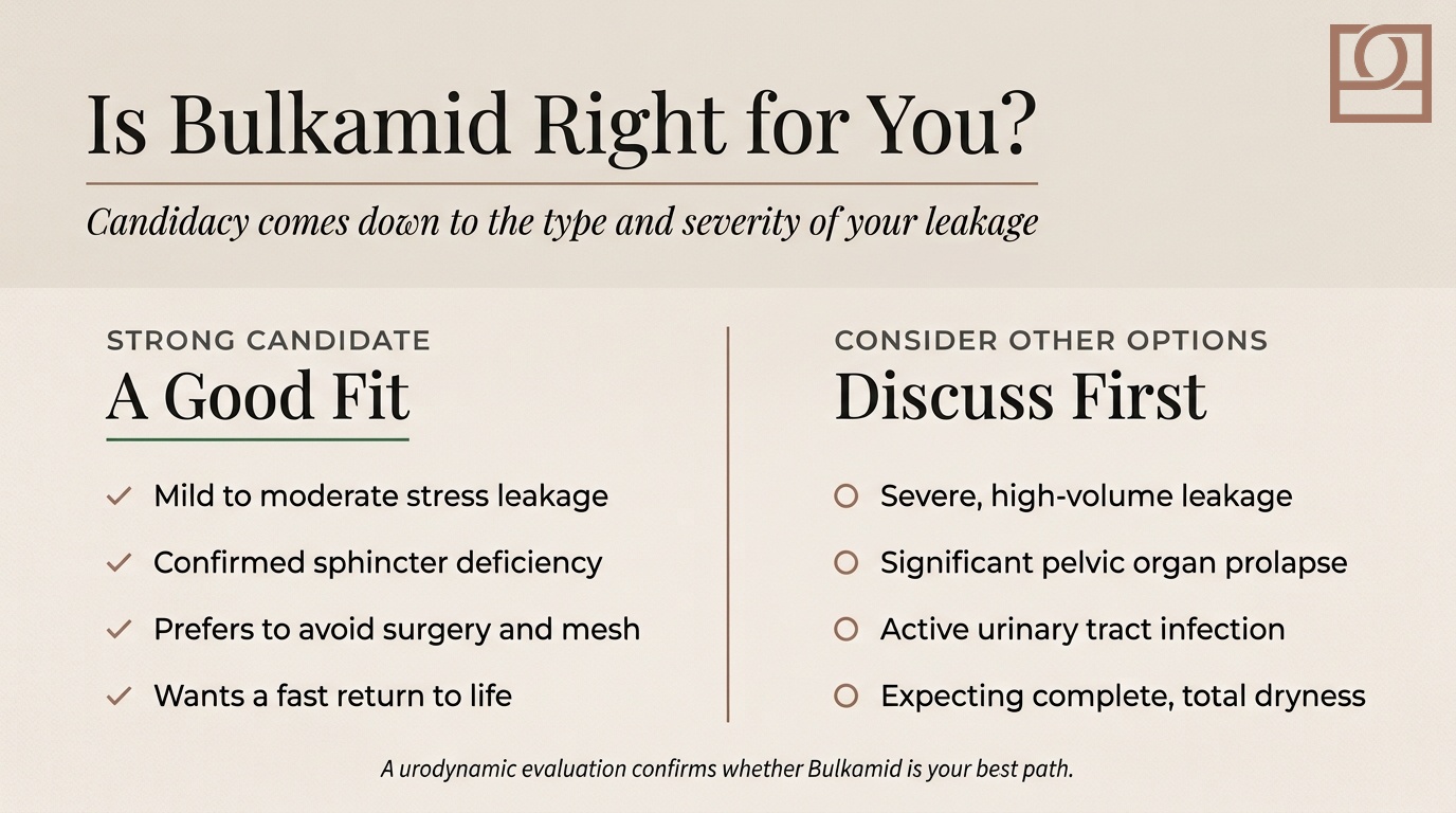 Is Bulkamid Right for You? Bulkamid candidacy guide comparing strong candidates, such as women with mild to moderate stress leakage who want to avoid mesh, with situations to discuss first, such as severe leakage or significant pelvic organ prolapse